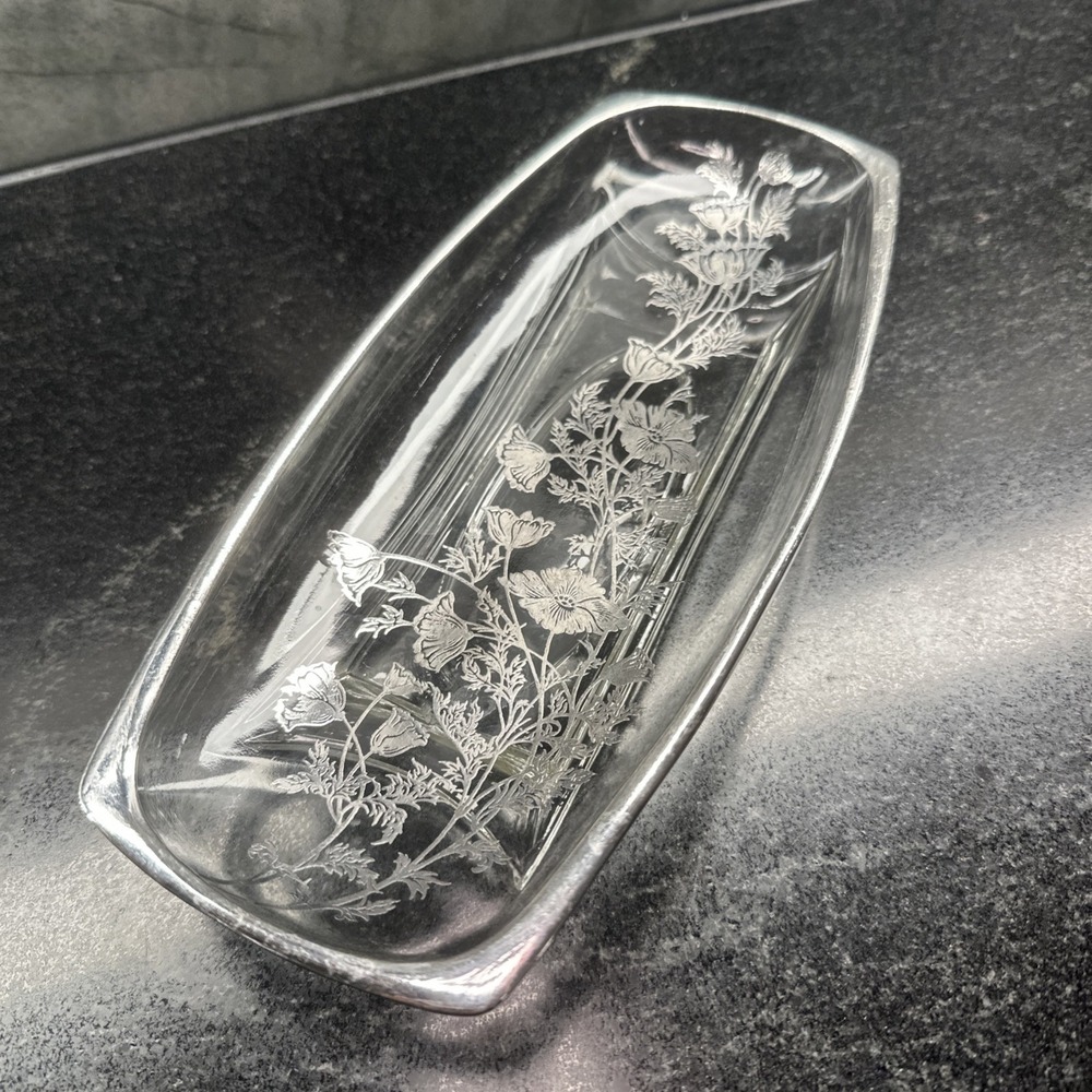 SILVER‎ CITY Flanders Clear Celery Relish Dish 9.5" Silver Trim Overlay Stencil